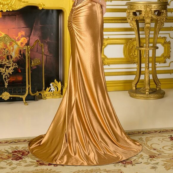 New Light Brown Satin Evening Gown w/ Rhinestones Embroidery & Leg Slit GL3789 - Picture 14 of 14
